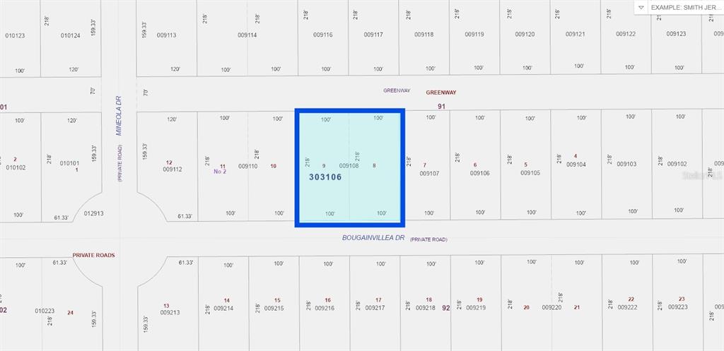 This is a property tax map showing parcel boundaries and dimensions along Bougainvillea Drive — 416 BOUGAINVILLE DRIVE, INDIAN LAKE ESTATES, FL