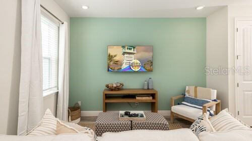 A living room features a light green accent wall, a television, and a patterned ottoman — 8123 COCONUT PLACE, KISSIMMEE, FL