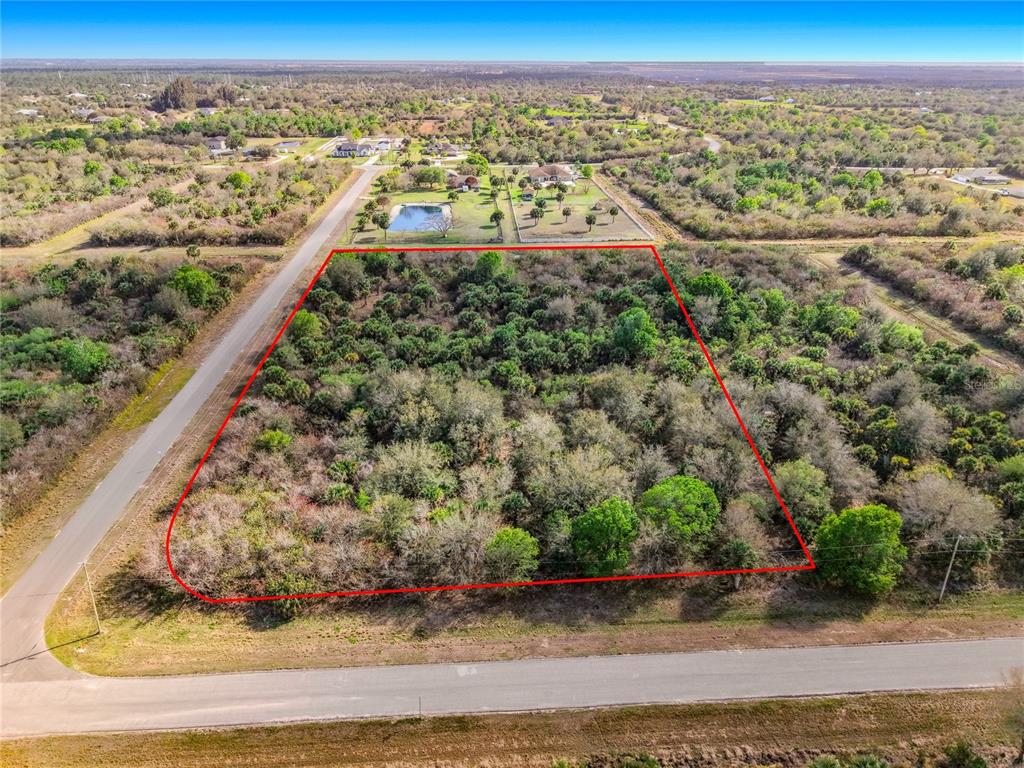 An aerial view shows a rectangular, wooded vacant lot outlined in red between two roads — FAWN TRAIL STREET, PALM BAY, FL