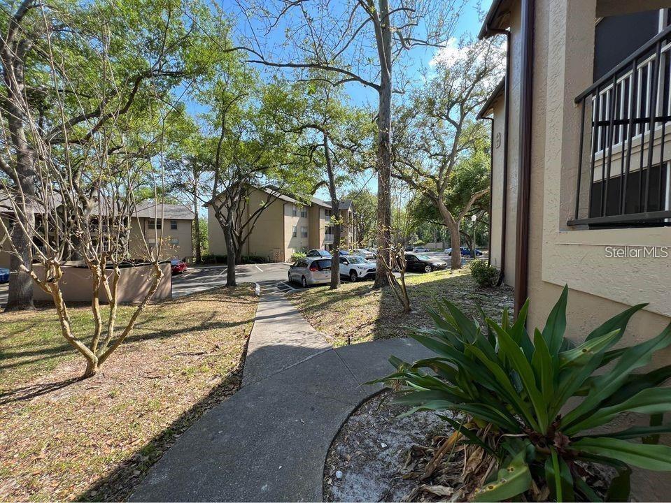 A concrete walkway leads past a tan apartment building toward a parking lot with trees — 976 LEEWARD PLACE UNIT 103, ALTAMONTE SPRINGS, FL