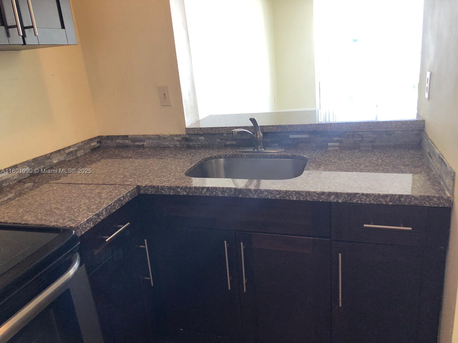 A kitchen features dark cabinets, speckled granite countertops, and a stainless steel sink — 492 NW 165th St Rd # C514, Miami FL 33169, MIAMI, FL