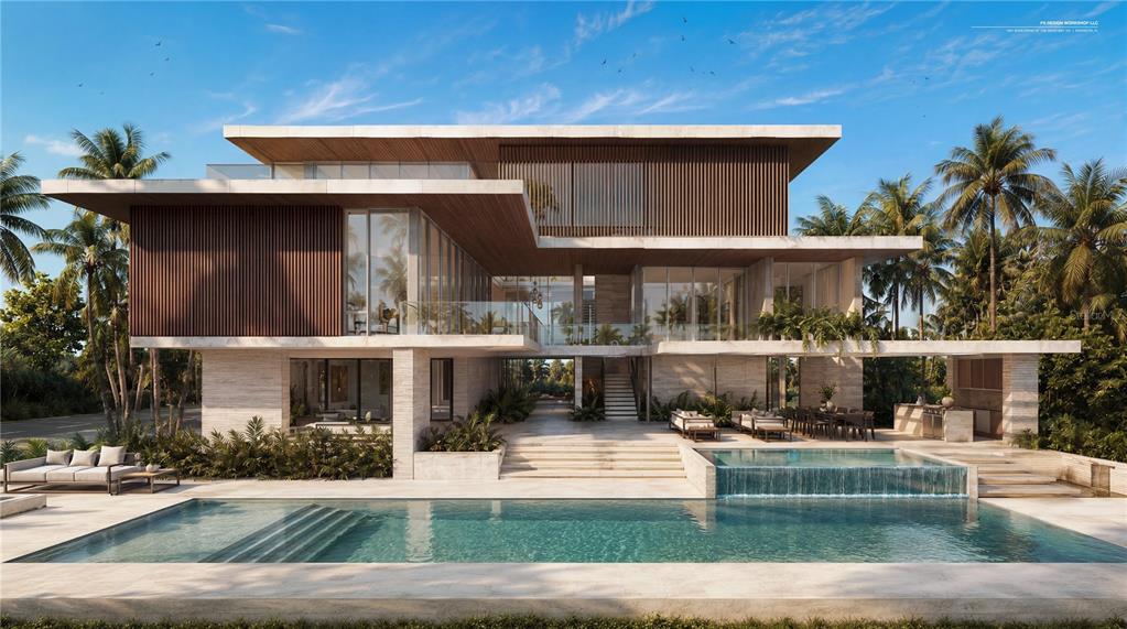 This architectural rendering shows a modern multi-story luxury home with a pool and palm trees — 1600 HARBOR SOUND DRIVE, LONGBOAT KEY, FL