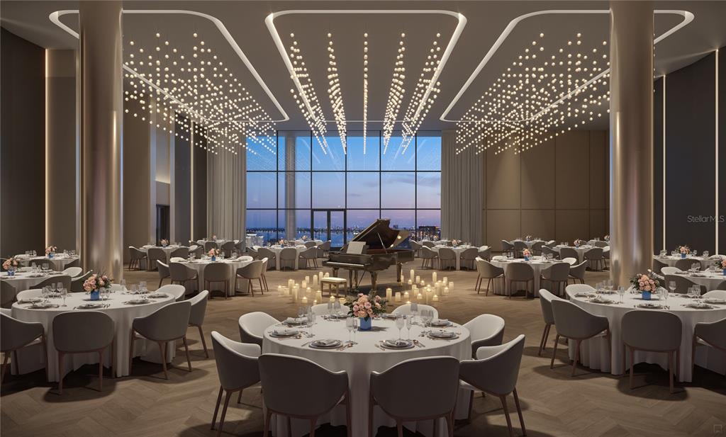 This rendering shows a formal banquet hall with round tables, a grand piano, and chandeliers — 1101 E JACKSON STREET UNIT 2302, TAMPA, FL