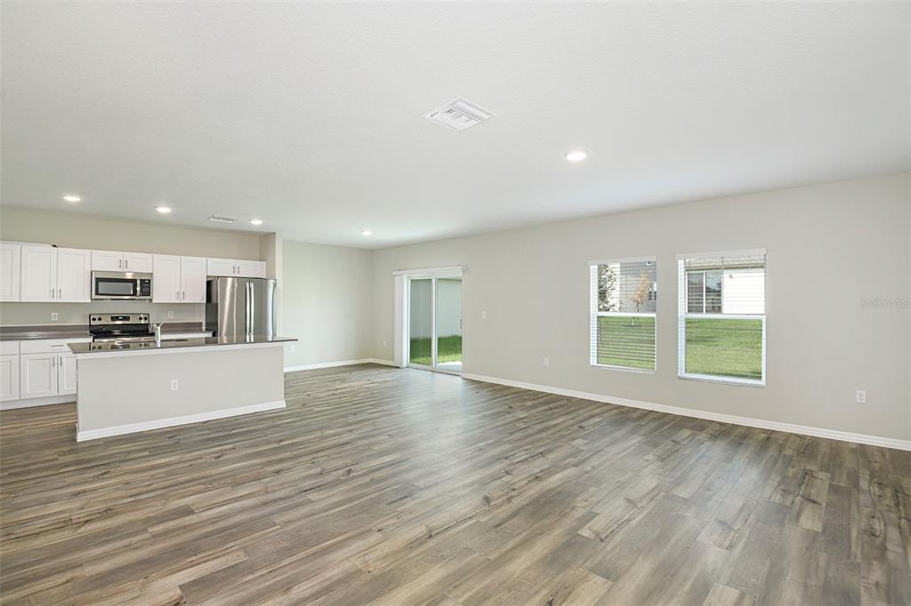 An open-concept kitchen and living area with light gray walls and wood-look vinyl flooring — 1739 VANILLA STREET, LAKE HAMILTON, FL
