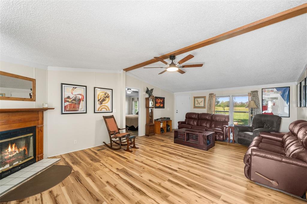 A living room with wood-look flooring, a fireplace, a ceiling fan, and brown leather furniture — 360 SE 30TH AVENUE, TRENTON, FL