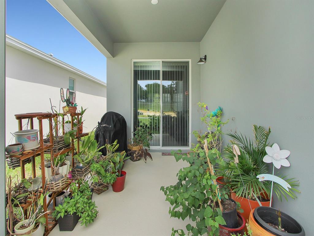 A covered concrete patio features a sliding glass door, a wooden plant stand, and potted plants — 353 FREE RANGE DRIVE, GROVELAND, FL