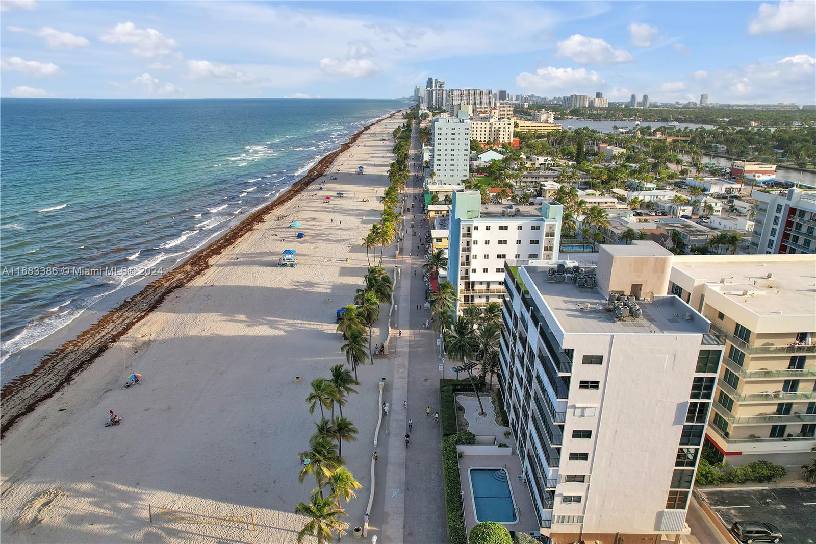 An aerial view shows a sandy beach, a paved boardwalk, palm trees, and coastal buildings — 777 N Ocean Dr # S316, Hollywood FL 33019, HOLLYWOOD, FL