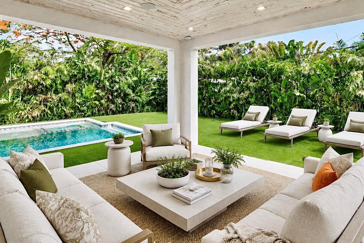 A covered patio features outdoor seating, a coffee table, and a view of a pool — 317 Greymon Drive, West Palm Beach FL 33405, WEST PALM BEACH, FL
