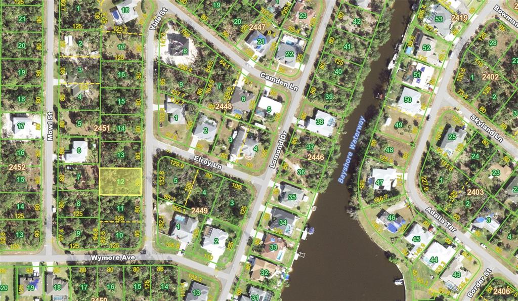 This is a satellite map view of a residential neighborhood with highlighted property lots — 343 YULE STREET, PORT CHARLOTTE, FL