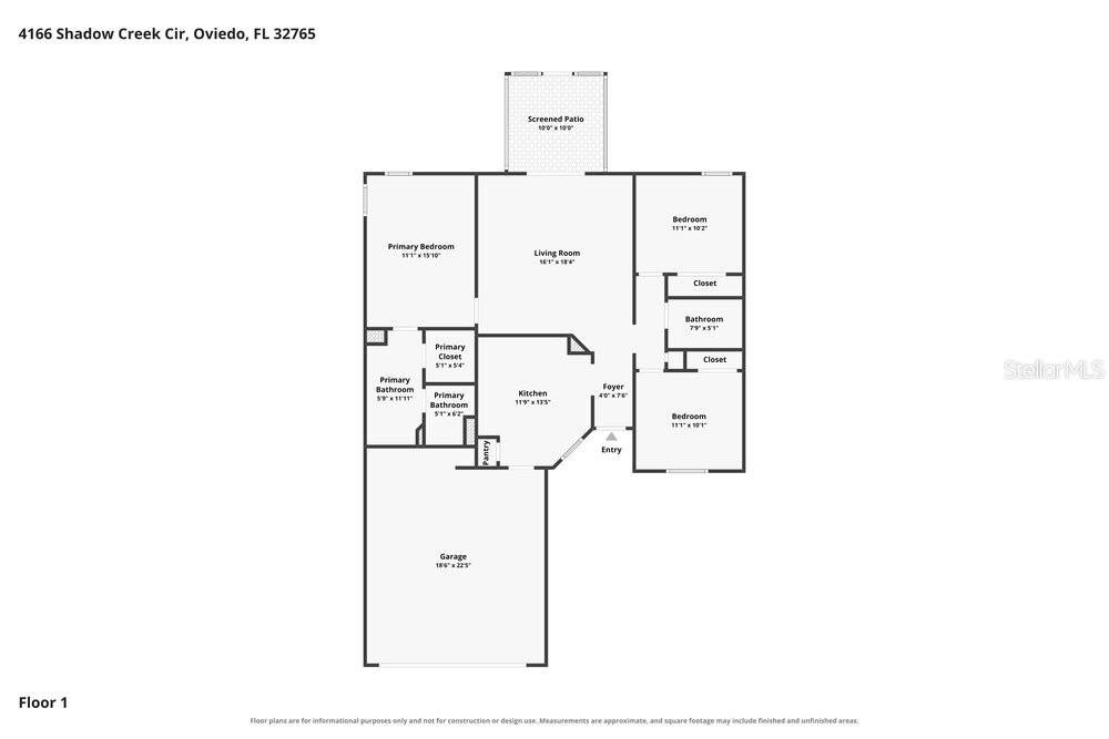 This is a floor plan for a single-story home featuring three bedrooms and a garage — 4166 SHADOW CREEK CIRCLE, OVIEDO, FL