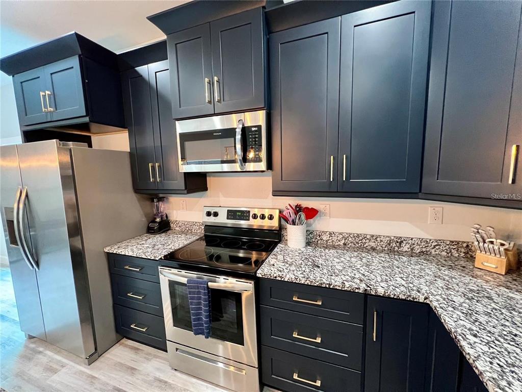 A kitchen features dark blue cabinets, stainless steel appliances, and speckled granite countertops — 5630 QUEENER AVENUE, PORT RICHEY, FL