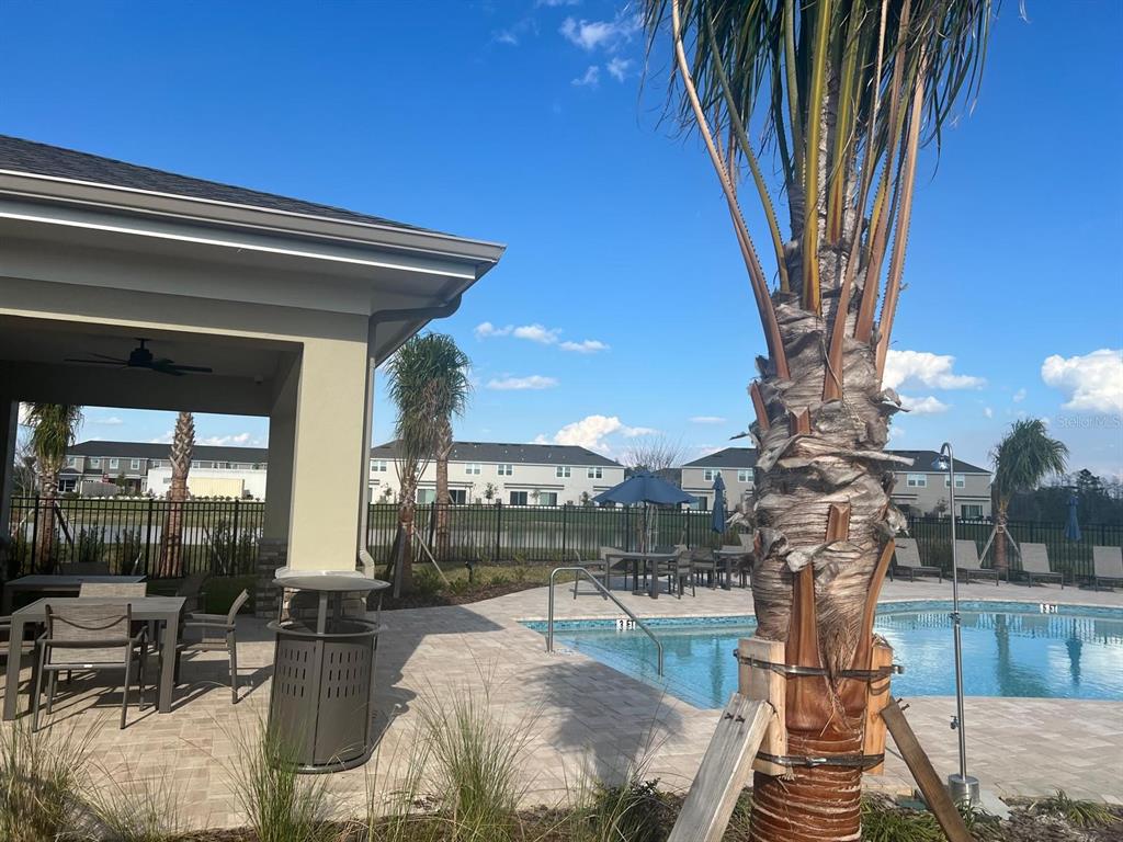 A swimming pool and patio area with a covered seating space and palm trees — 2073 VIEWFINDER STREET, KISSIMMEE, FL