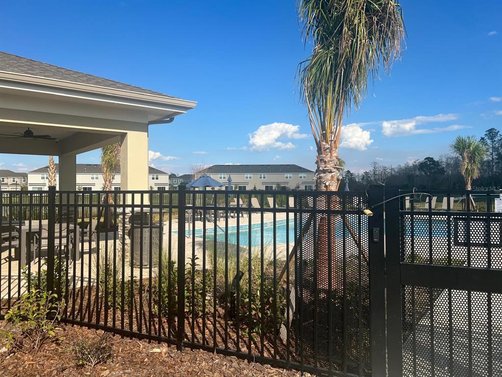 A black metal fence surrounds a swimming pool area with a palm tree and patio — 2073 VIEWFINDER STREET, KISSIMMEE, FL