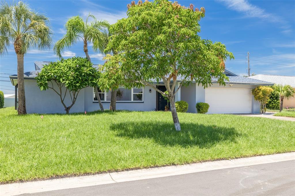 A single-story light blue house with a two-car garage and a large front yard — 8960 140TH STREET, SEMINOLE, FL