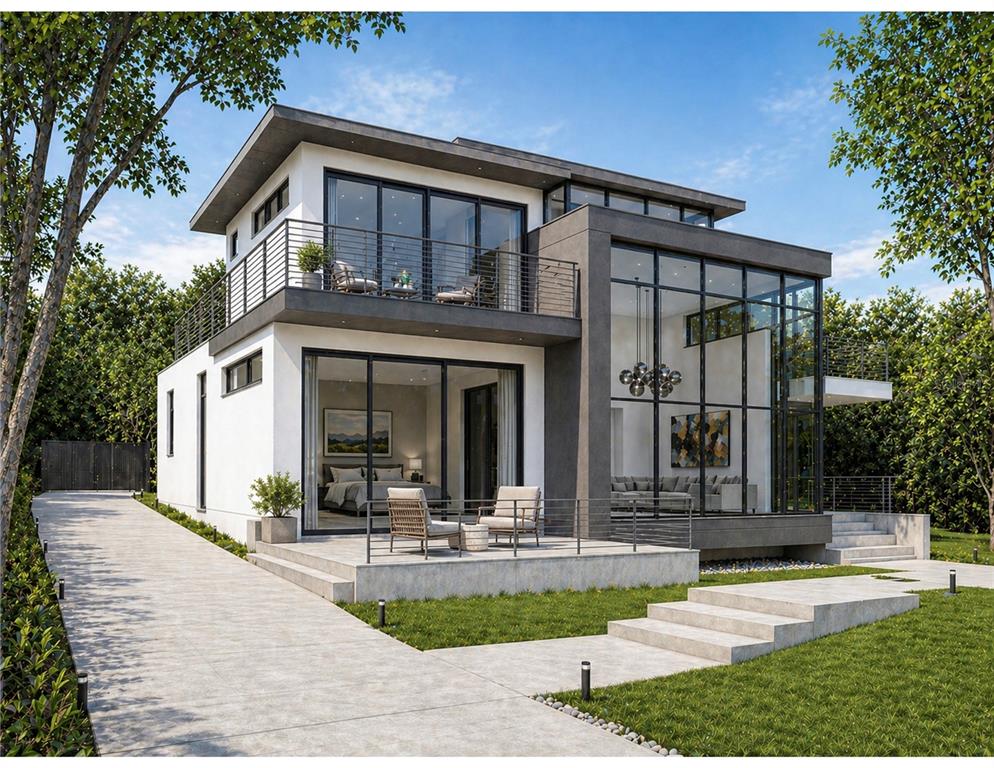 A rendering of a modern two-story house with large glass windows and a concrete patio — 212 W 1ST AVENUE, WINDERMERE, FL