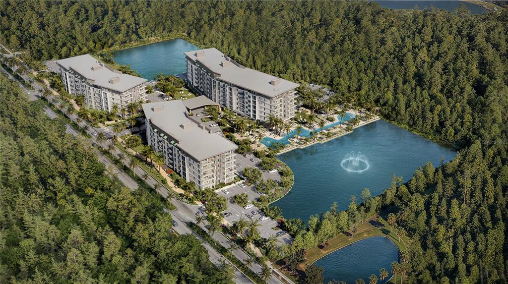 This architectural rendering shows three apartment buildings situated near a lake surrounded by dense forest — 3251 SECRET LAKE DRIVE UNIT 1322, KISSIMMEE, FL
