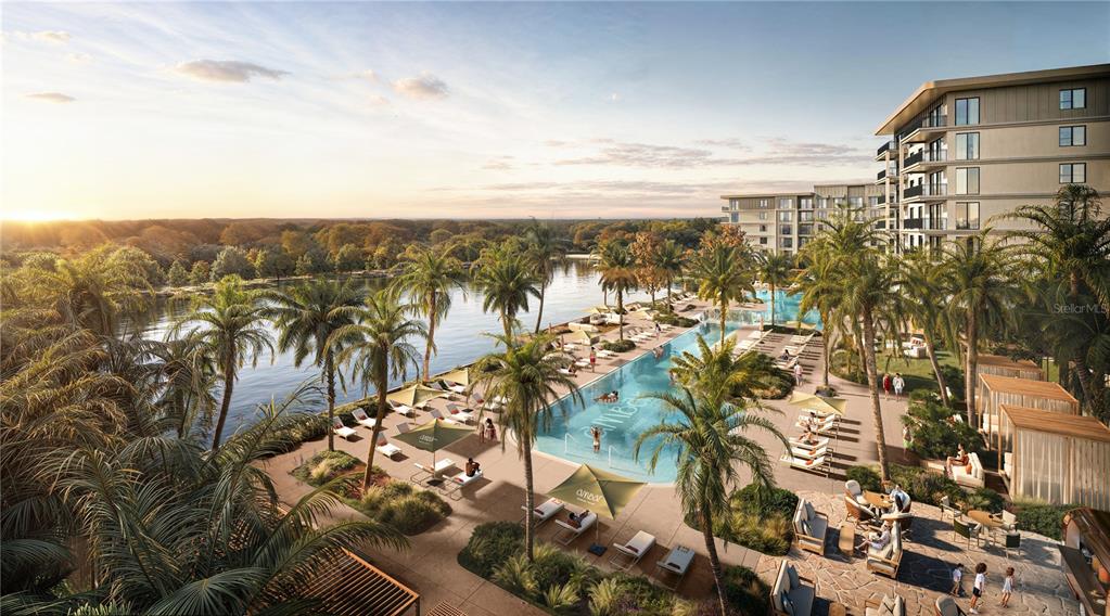 This rendering shows a resort-style swimming pool and patio area overlooking a lake at sunset — 3251 SECRET LAKE DRIVE UNIT 1322, KISSIMMEE, FL