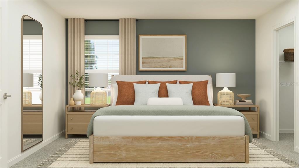 This is a rendering of a bedroom featuring a bed, nightstands, and a full-length mirror — 3774 LONZALO WAY, NEW PORT RICHEY, FL