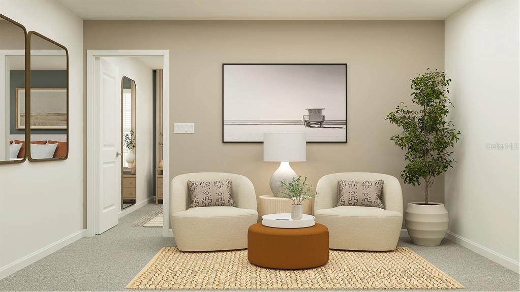 This is a digital rendering of a sitting area featuring two chairs and a round ottoman — 3774 LONZALO WAY, NEW PORT RICHEY, FL