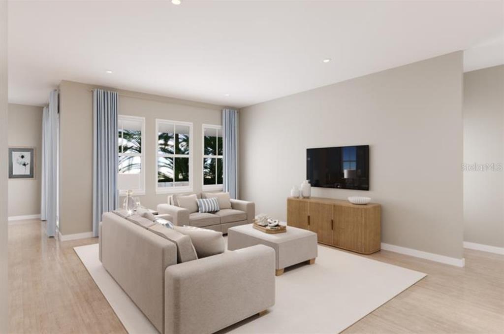 This is a digital rendering of a living room with neutral furniture and light flooring — 3155 MADRAS DRIVE NW, PALM BAY, FL