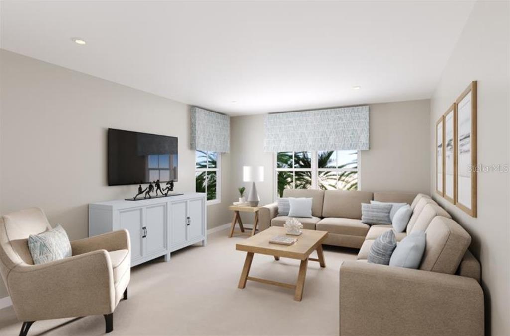 This is a digital rendering of a living room featuring a sectional sofa and television — 3155 MADRAS DRIVE NW, PALM BAY, FL
