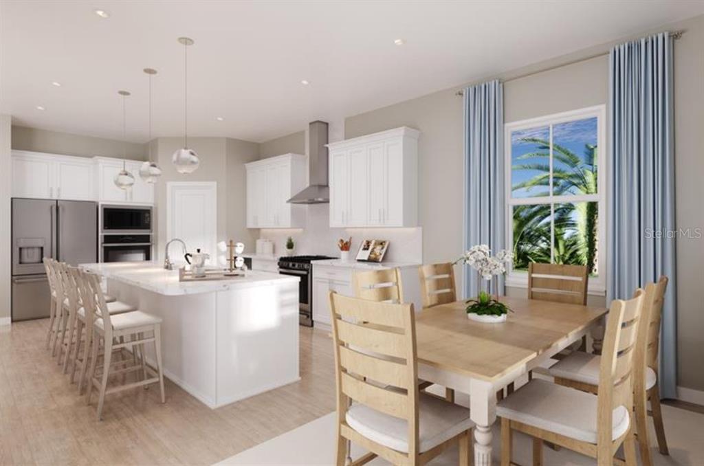 This rendering shows a modern kitchen and dining area with white cabinets and light wood floors — 3155 MADRAS DRIVE NW, PALM BAY, FL