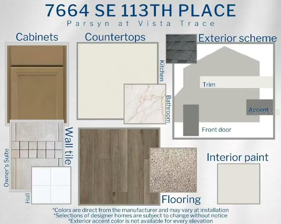 This design board displays interior finishes, flooring, and exterior color schemes for a residential property — 7664 SE 113TH PLACE, BELLEVIEW, FL
