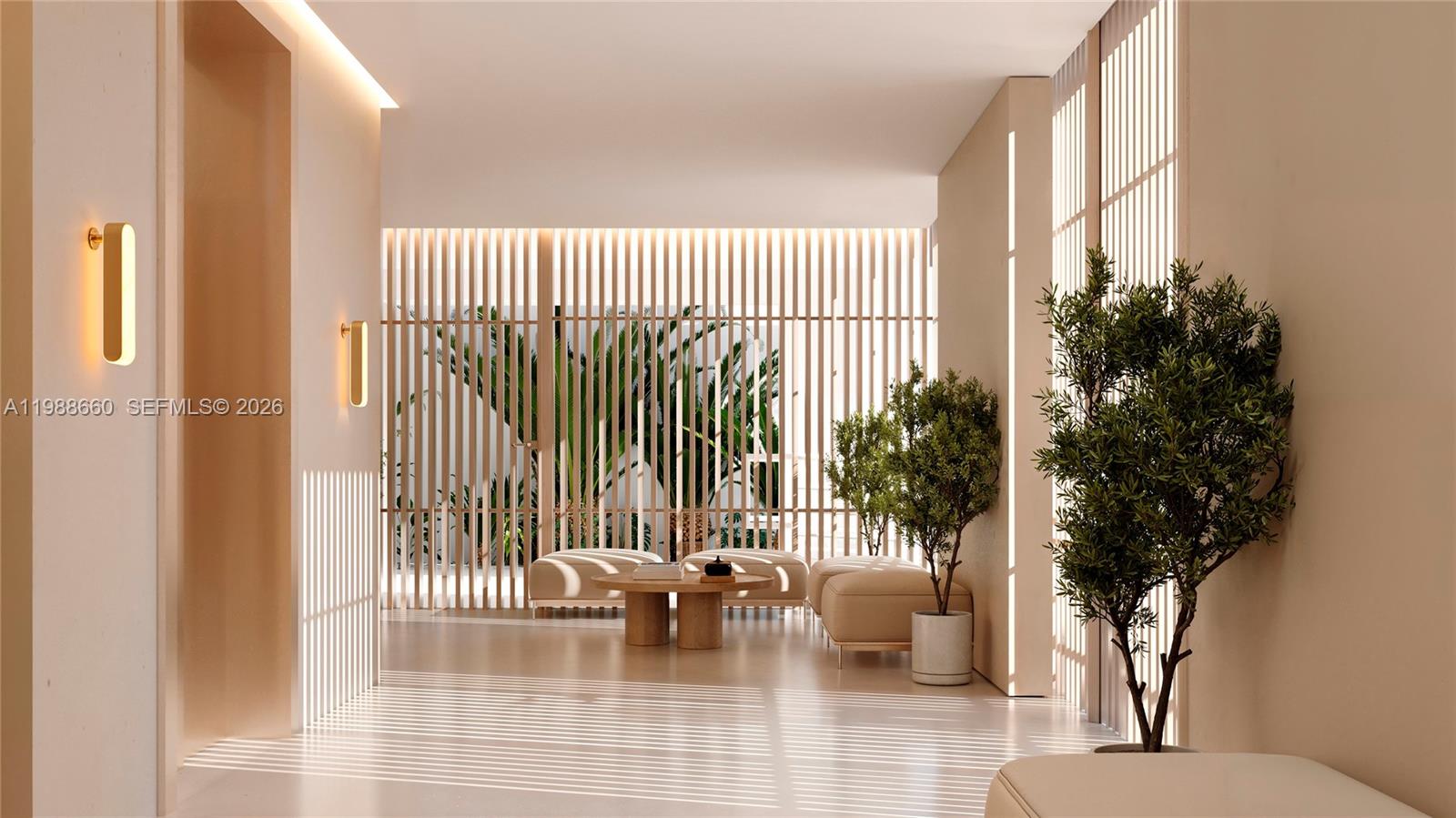 This is a rendering of a modern, minimalist hallway featuring slatted wood screens and furniture — 829 4th St # 2, Miami Beach FL 33139, MIAMI BEACH, FL