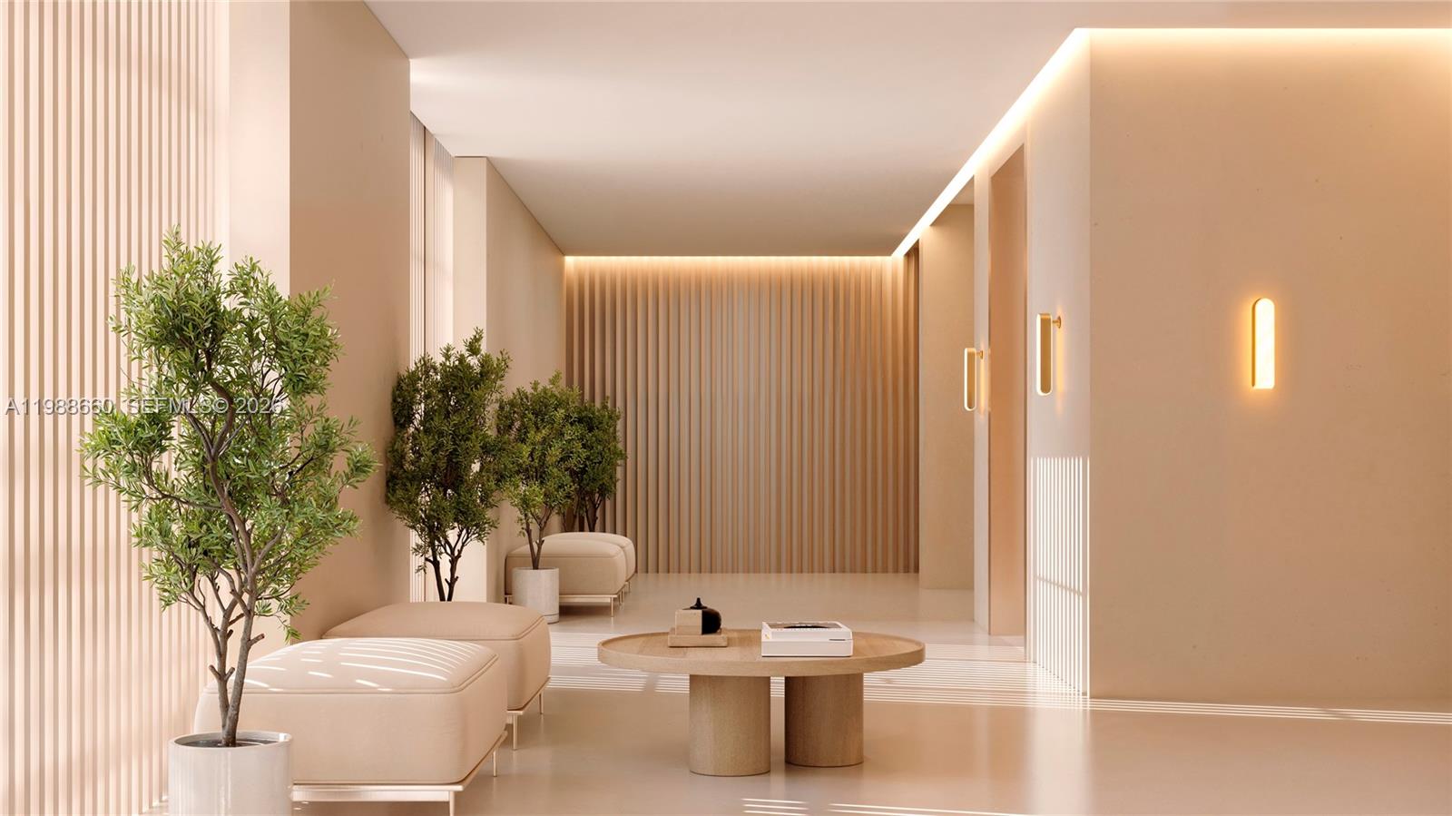 This is a rendering of a modern, minimalist lounge area with neutral tones and wood accents — 829 4th St # 2, Miami Beach FL 33139, MIAMI BEACH, FL