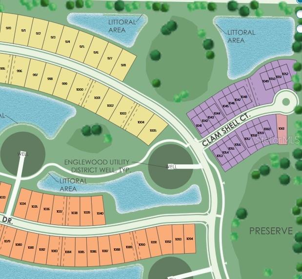 This is a site map rendering showing residential lots, streets, and surrounding natural areas — 27104 CLAM SHELL COURT, ENGLEWOOD, FL