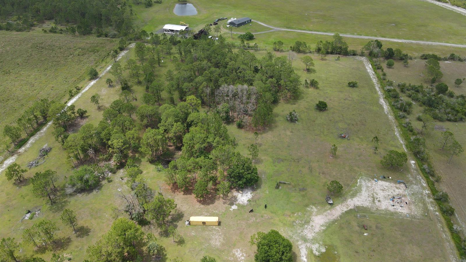 An aerial view shows a rural property with scattered pine trees and a shipping container — 12271 NE 124th Avenue, Okeechobee FL 34972, OKEECHOBEE, FL