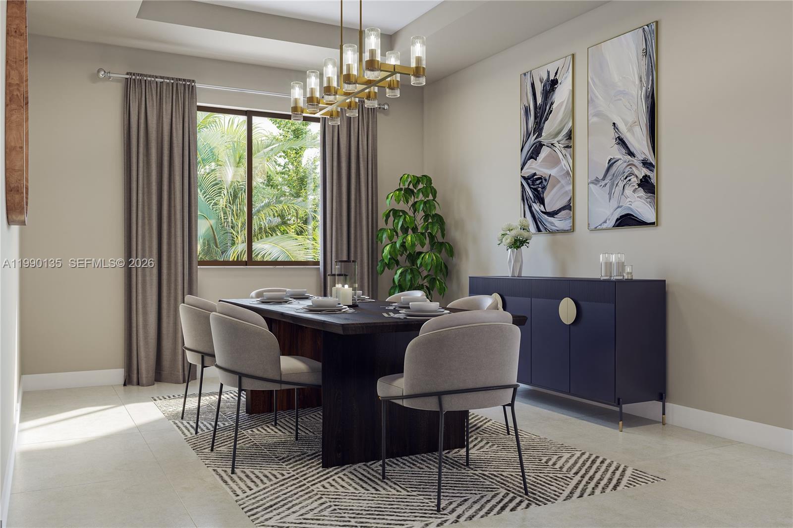This is a rendering of a modern dining room featuring a dark wood table and chandelier — 19617 NE 14 AVE, Miami FL 33179, MIAMI, FL
