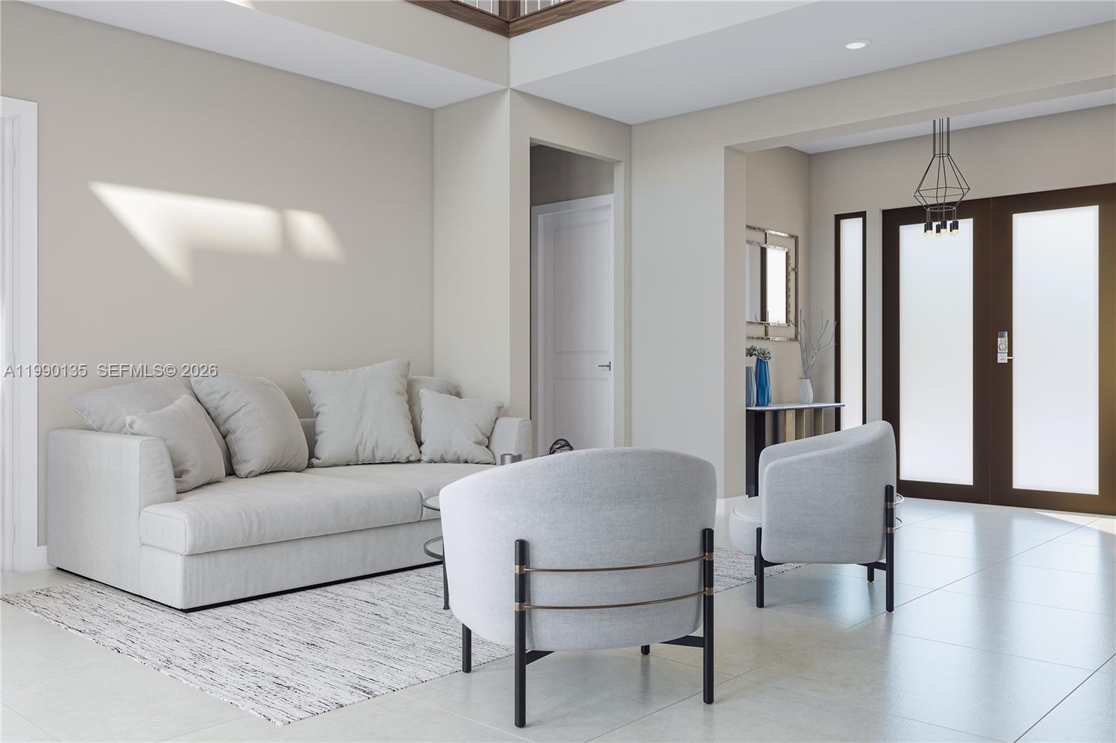 This is a rendering of a modern living room featuring a sofa, two armchairs, and tile flooring — 19617 NE 14 AVE, Miami FL 33179, MIAMI, FL
