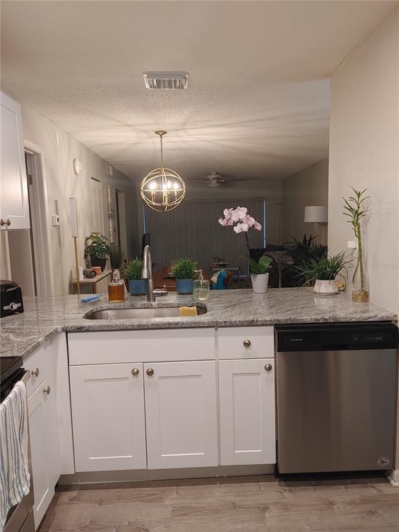 A kitchen with white cabinets, granite countertops, and a stainless steel dishwasher overlooks a living area — 6218 PALMA DEL MAR BOULEVARD S UNIT 213, ST PETERSBURG, FL