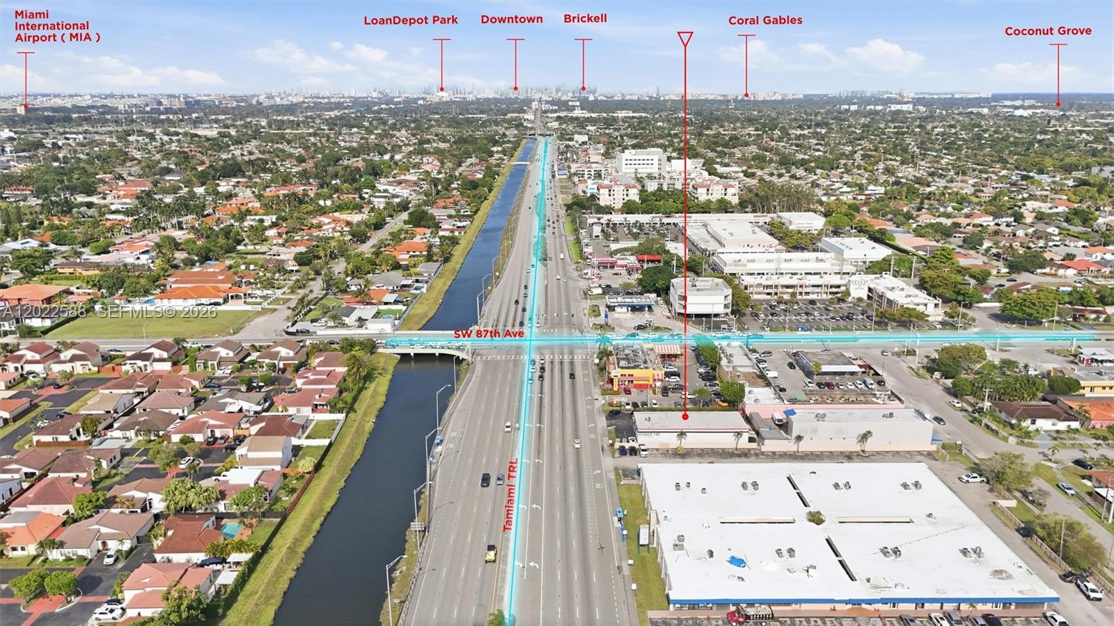 This aerial view shows a canal and highway intersection with labels for surrounding Miami landmarks — 8730 SW 8th St, Miami FL 33174, MIAMI, FL