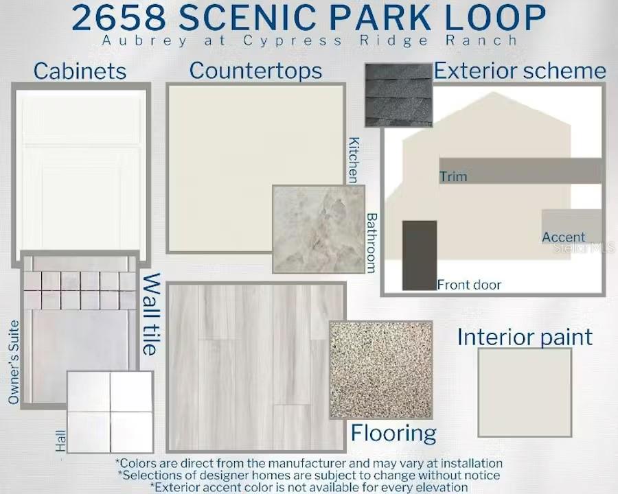 This design board displays interior and exterior finish selections for a residential property — 2658 SCENIC PARK LOOP, WIMAUMA, FL