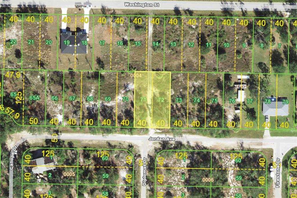 This is a map showing a grid of residential land lots with street names — 27088 JORDAN AVENUE, PUNTA GORDA, FL