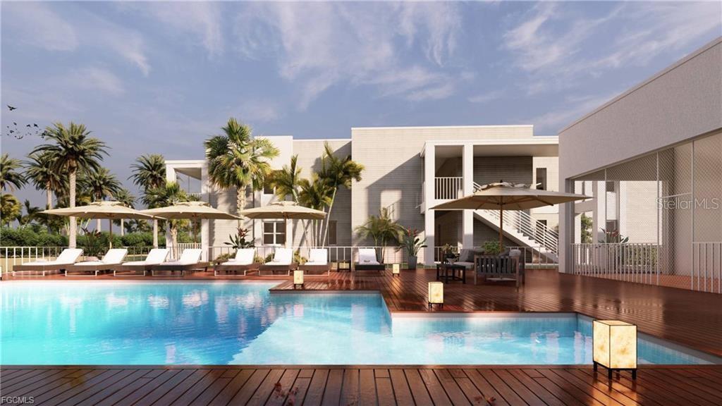 This is a rendering of a swimming pool area with lounge chairs and a building — 1249 CAPRICORN BOULEVARD, PUNTA GORDA, FL
