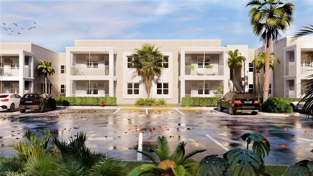 This is a digital rendering of a two-story apartment building with a parking lot — 1249 CAPRICORN BOULEVARD, PUNTA GORDA, FL