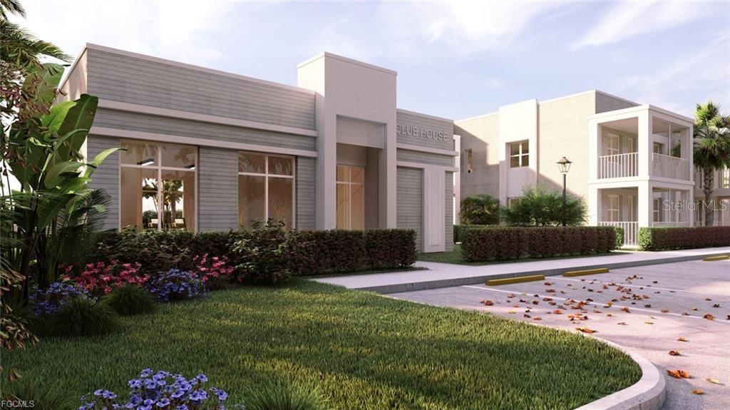 This is a digital rendering of a modern clubhouse exterior with adjacent residential buildings — 1249 CAPRICORN BOULEVARD, PUNTA GORDA, FL