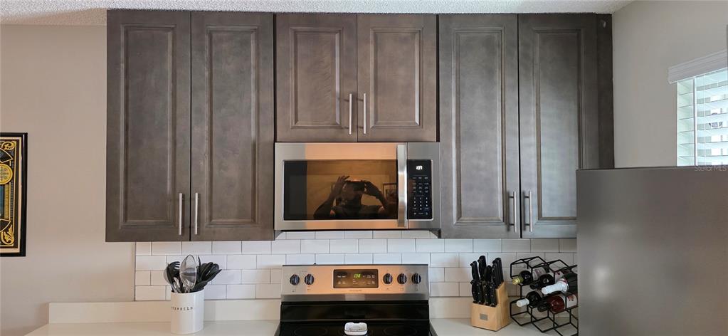 A kitchen features dark wood cabinets, a stainless steel microwave, and a white subway tile backsplash — 39132 COUNTY ROAD 54 UNIT 2048, ZEPHYRHILLS, FL