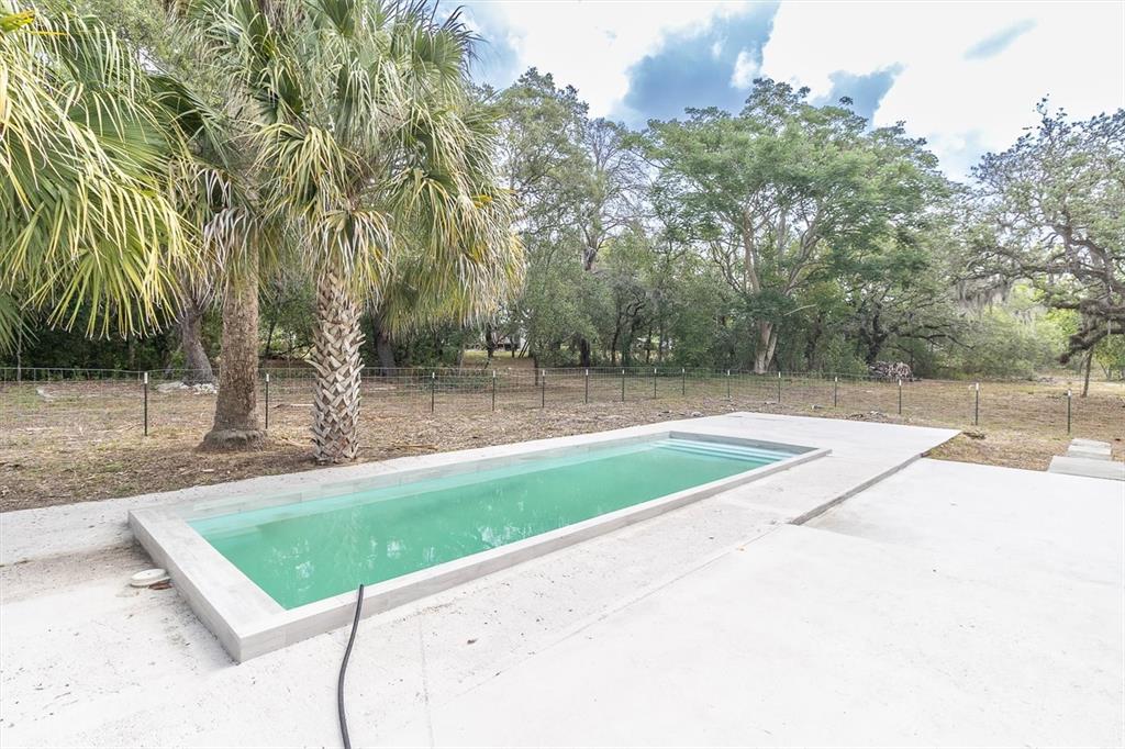 A rectangular swimming pool with a concrete deck sits in a fenced, wooded backyard — 10617 DENTON AVENUE, HUDSON, FL
