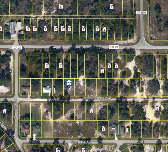 This aerial map shows residential lots and houses located near the intersection of several roads — 346 MORNINGSIDE DR, LAKE PLACID, FL