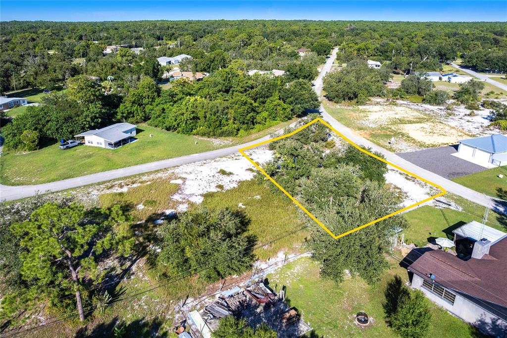 An aerial view shows a vacant, wooded residential lot outlined in yellow near a paved road — 3048 OLEANDER DRIVE, LAKE PLACID, FL