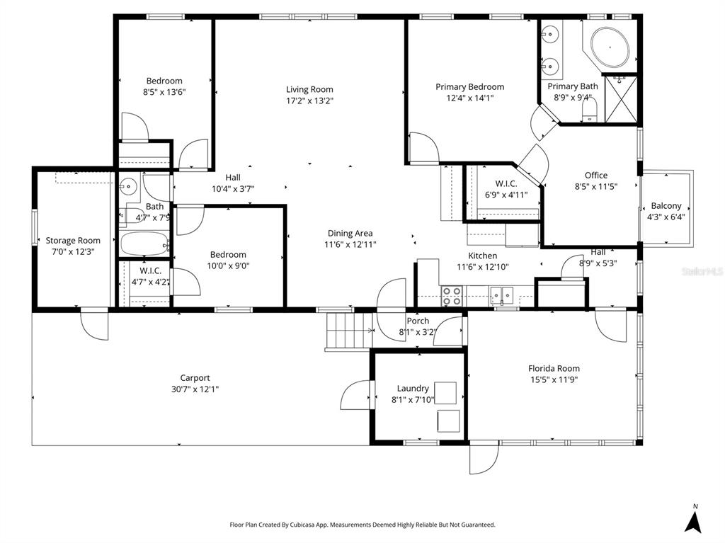 This is a floor plan showing the layout of a house with multiple rooms and a carport — 134 AMERICANA COURT NE UNIT 216, ST PETERSBURG, FL