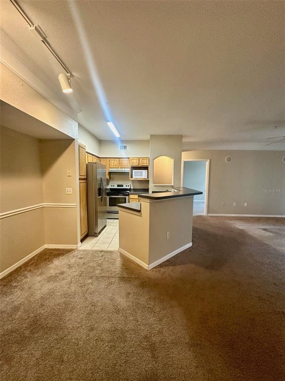 A hallway with tiled flooring leads into a carpeted kitchen and living area — 3250 CORONA VILLAGE WAY UNIT 206, ORLANDO, FL
