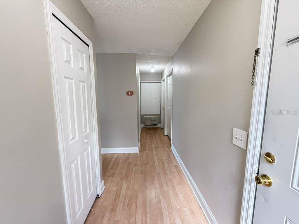 A hallway with light wood-look flooring, gray walls, and several white interior doors — 118 DAHLIA VILLAGE CIRCLE UNIT 79, ORLANDO, FL