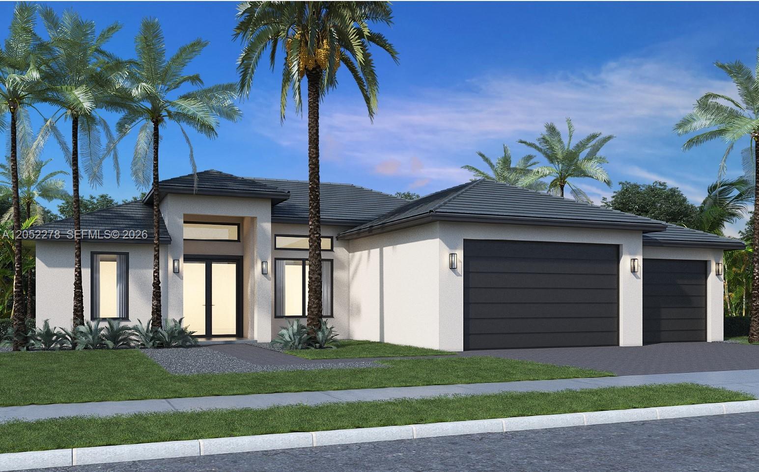 This is a digital rendering of a modern single-story house with a three-car garage — 728 N LaPlata Ave, Lehigh Acres FL 33974, LEHIGH ACRES, FL