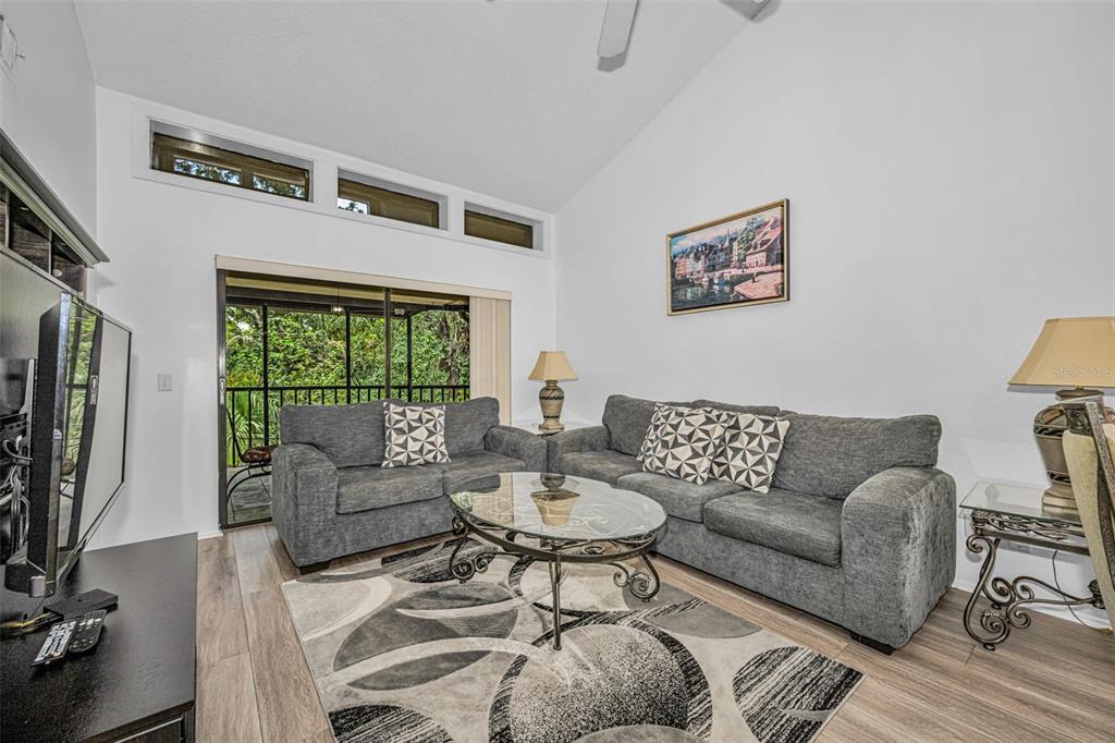 A living room features two gray sofas, a glass coffee table, and a sliding door — 124 WOODLAKE WYNDE UNIT 0, OLDSMAR, FL