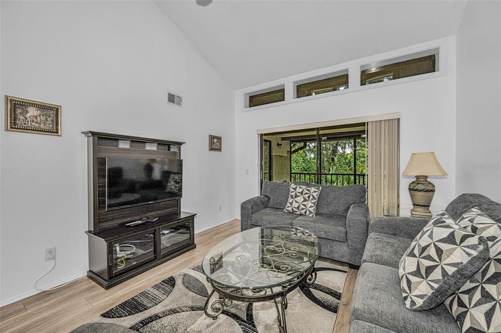 A living room features a vaulted ceiling, a dark wood media console, and gray sofas — 124 WOODLAKE WYNDE UNIT 0, OLDSMAR, FL